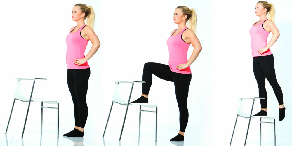 STEP-UP: Denne øvelsen er enkel og effektiv. Du trener både rumpe, lår og legger. FOTO: Rolf Ørjan Høgset STEP-UP: Denne øvelsen er enkel og effektiv. Du trener både rumpe, lår og legger. FOTO: Rolf Ørjan Høgset