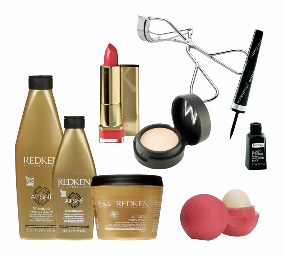 SARAS FAVORITTER (f.v.): Redken All Soft Shampoo, kr 229. Redken All Soft Conditioner, kr 249. Redken All Soft heavy Cream, kr 349. Max Factor Colour Elixir Lipstick i fargen Bewitching Coral, kr 135. Make Up Store Easy Cover, kr 165. No7 Eyelash Curler, kr 99. Eos Lip Balm, kr 79. IsaDora Glossy Eyeliner i fargen Black, kr 115. SARAS FAVORITTER (f.v.): Redken All Soft Shampoo, kr 229. Redken All Soft Conditioner, kr 249. Redken All Soft heavy Cream, kr 349. Max Factor Colour Elixir Lipstick i fargen Bewitching Coral, kr 135. Make Up Store Easy Cover, kr 165. No7 Eyelash Curler, kr 99. Eos Lip Balm, kr 79. IsaDora Glossy Eyeliner i fargen Black, kr 115.