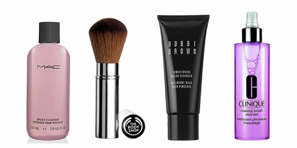FRA VENSTRE: Mac Brush Cleanser (kr 74), The Body Shop Retractable Blusher Brush (kr 110), Bobbi Brown Conditioning Brush Cleanser (kr 92) og Clinique Makeup Brush Cleanser (kr 102). FRA VENSTRE: Mac Brush Cleanser (kr 74), The Body Shop Retractable Blusher Brush (kr 110), Bobbi Brown Conditioning Brush Cleanser (kr 92) og Clinique Makeup Brush Cleanser (kr 102).