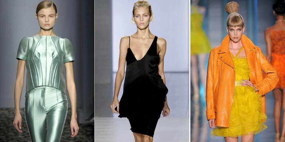 VÅRMOTEN: Vibeke spår at metalliske stoffer, asymmetriske klær og sterke farger som gult og oransje kommer til å prege motebildet til våren og sommeren. Her fra Balenciaga, Preen og Dior sine visninger. VÅRMOTEN: Vibeke spår at metalliske stoffer, asymmetriske klær og sterke farger som gult og oransje kommer til å prege motebildet til våren og sommeren. Her fra Balenciaga, Preen og Dior sine visninger.