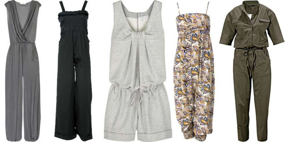 FRA VENSTRE: Grå buksedress fra Stella McCarteny (ca. kr 6000 på www.net-a-porter.com), svart buksedress fra Gant (kr 2900), kost buksedress fra See by Chloé (ca kr 1300 på www-net-a-porter.com), buksedress med paisleymønster fra Only (kr 259), buksedress med trekvart armer fra JSFN by Ellos (kr 349) FRA VENSTRE: Grå buksedress fra Stella McCarteny (ca. kr 6000 på www.net-a-porter.com), svart buksedress fra Gant (kr 2900), kost buksedress fra See by Chloé (ca kr 1300 på www-net-a-porter.com), buksedress med paisleymønster fra Only (kr 259), buksedress med trekvart armer fra JSFN by Ellos (kr 349)