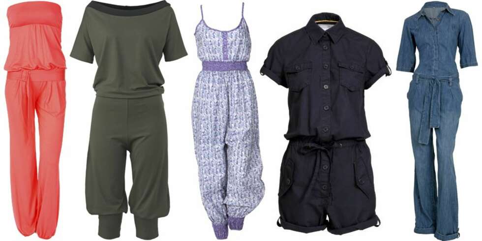 FRA VENSTRE: fersekfarget buksedress fra Benetton (kr 629), mosegrønn buksedress fra Mette Møller (kr 1850), buksedress med paisleymønster fra Only (kr 300), kort buksedress fra H&M (kr 298), buksedress i denimstoff fra Cubus (kr 499) FRA VENSTRE: fersekfarget buksedress fra Benetton (kr 629), mosegrønn buksedress fra Mette Møller (kr 1850), buksedress med paisleymønster fra Only (kr 300), kort buksedress fra H&M (kr 298), buksedress i denimstoff fra Cubus (kr 499)