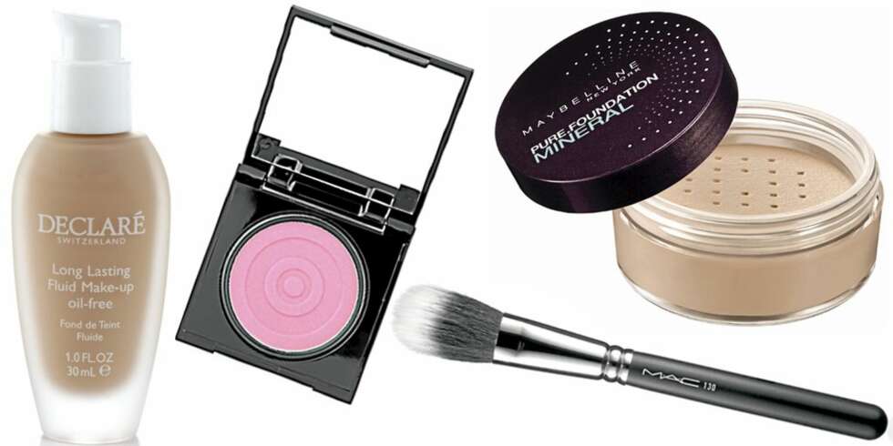 FRA VENSTRE: Declaré Long Lasting Fluid Makeup (kr 195), Madina Beauty Beletto (kr 229), Mac Blush kost nr. 130 (kr 305), Maybelline Pure-foundation Mineral (kr 149). FRA VENSTRE: Declaré Long Lasting Fluid Makeup (kr 195), Madina Beauty Beletto (kr 229), Mac Blush kost nr. 130 (kr 305), Maybelline Pure-foundation Mineral (kr 149).