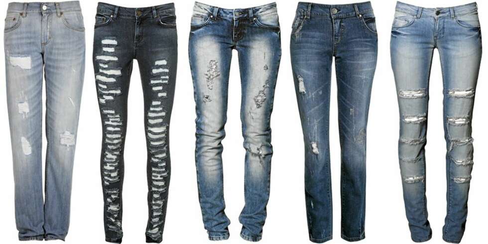FRA VENSTRE: ACNE (kr 2391), Topshop (kr 441), Never Denim/Bik Bok (kr 699), KappAhl (kr 499), Never Denim/Bik Bok (kr 499). FRA VENSTRE: ACNE (kr 2391), Topshop (kr 441), Never Denim/Bik Bok (kr 699), KappAhl (kr 499), Never Denim/Bik Bok (kr 499).