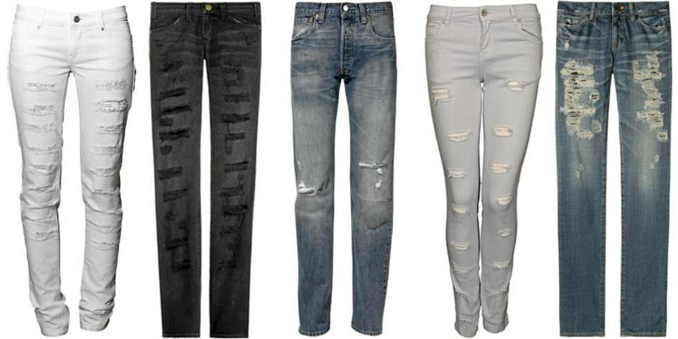 FRA VENSTRE: Never Denim/Bik Bok (kr 499), Current/Elliott (kr 2491), Levi's 501 (kr 1099), Jeane Blush (kr 399), PRPS (kr 3432). FRA VENSTRE: Never Denim/Bik Bok (kr 499), Current/Elliott (kr 2491), Levi's 501 (kr 1099), Jeane Blush (kr 399), PRPS (kr 3432).