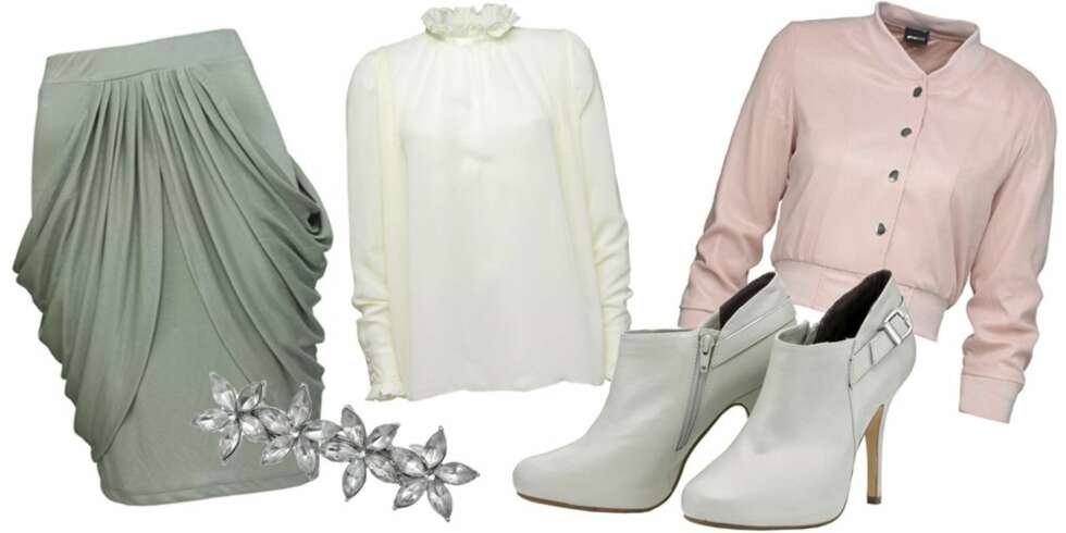 FRA VENSTRE: Skjørt med draperinger fra HogM (kr 349), hårspenne fra Glitter (kr 89), bluse fra Jenny Skavlan for Bik Bok (kr 299), ankelboots fra H&M (kr 349), kort jakke fra Gina Tricot (kr 299). FRA VENSTRE: Skjørt med draperinger fra HogM (kr 349), hårspenne fra Glitter (kr 89), bluse fra Jenny Skavlan for Bik Bok (kr 299), ankelboots fra H&M (kr 349), kort jakke fra Gina Tricot (kr 299).