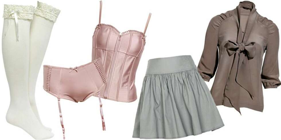 FRA VENSTRE: Strømper med blondekant fra Cubus (kr 59), undertøysett fra H&M (kr 199 for overdel og kr 99 for underdel), skjørt med volum fra Cubus (kr 199), bluse med sløyfe fra H&M (kr 399). FRA VENSTRE: Strømper med blondekant fra Cubus (kr 59), undertøysett fra H&M (kr 199 for overdel og kr 99 for underdel), skjørt med volum fra Cubus (kr 199), bluse med sløyfe fra H&M (kr 399).