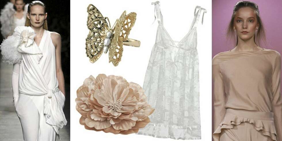 ROMANTISK: Fra motevisningene til Givenchy og Anne-Valerie Hash. Pynteblomst fra Lindex (kr 49,50), sommerfuglering fra Accessorize (kr 55), undertøyskjole fra Cubus (kr 229). ROMANTISK: Fra motevisningene til Givenchy og Anne-Valerie Hash. Pynteblomst fra Lindex (kr 49,50), sommerfuglering fra Accessorize (kr 55), undertøyskjole fra Cubus (kr 229).
