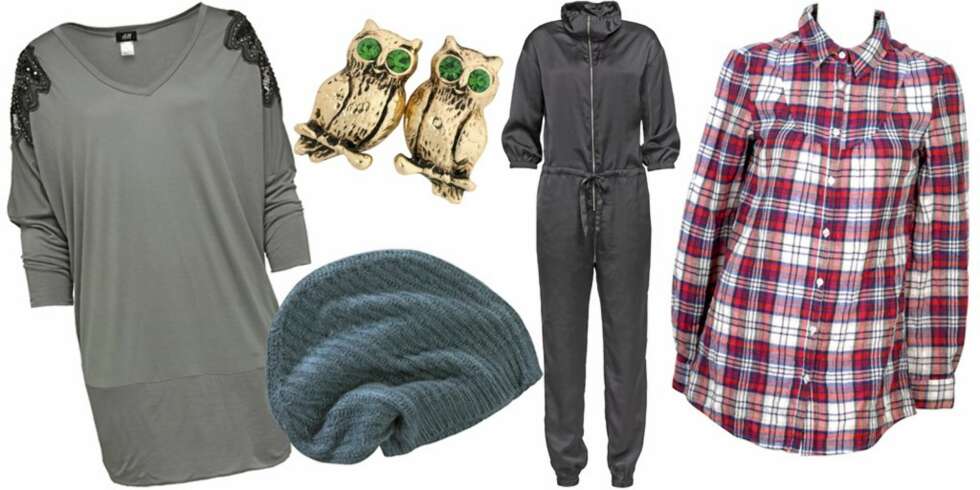FRA VENSTRE: Lang genserkjole fra H&M (kr 349), baggy lue fra Gina Tricot (kr 79), øredobber fra Gina Tricot (kr 99), buksedress fra Gina Tricot (kr 349), rutete skjorte fra Bik Bok (kr 299). FRA VENSTRE: Lang genserkjole fra H&M (kr 349), baggy lue fra Gina Tricot (kr 79), øredobber fra Gina Tricot (kr 99), buksedress fra Gina Tricot (kr 349), rutete skjorte fra Bik Bok (kr 299).
