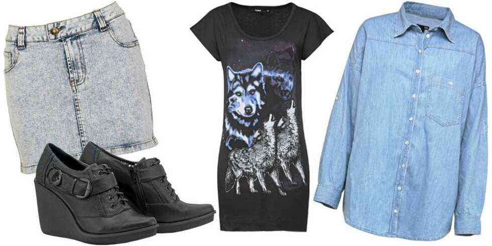 FRA VENSTRE: Steinvasket denimskjørt fra Cubus (kr 299), sko med kilehæl fra Din Sko (kr 449), T-skjorte med print fra Cubus (kr 179), denimskjorte fra H&M (kr 349). FRA VENSTRE: Steinvasket denimskjørt fra Cubus (kr 299), sko med kilehæl fra Din Sko (kr 449), T-skjorte med print fra Cubus (kr 179), denimskjorte fra H&M (kr 349).