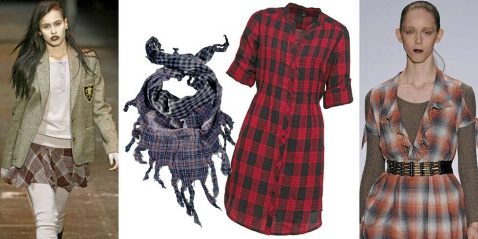 GRUNGESTIL: Fra motevisningene til Vivienne Westwood og Charlotte Ronson. Rutete skjerf fra Ellos (kr 99) og rutete skjorte fra Lindex (kr 299). GRUNGESTIL: Fra motevisningene til Vivienne Westwood og Charlotte Ronson. Rutete skjerf fra Ellos (kr 99) og rutete skjorte fra Lindex (kr 299).