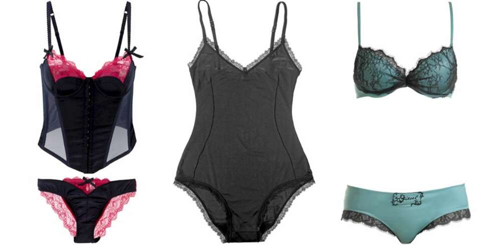 FRA VENSTRE: Sett fra H&M (kr 199 for korsettopp og kr 69 for truse), body fra Lindex (kr 179), sett fra Diesel (kr 499 for bh og kr 349 for hipster). FRA VENSTRE: Sett fra H&M (kr 199 for korsettopp og kr 69 for truse), body fra Lindex (kr 179), sett fra Diesel (kr 499 for bh og kr 349 for hipster).