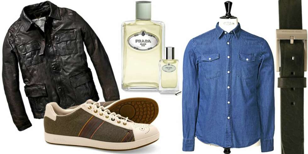 FRA VENSTRE: Skinnjakke fra Tommy Hilfiger (kr 3999), sko fra Paul Frank (kr 1799), Prada Infusion parfyme (kr 495 for 50 ml), denimskjorte fra Acne (kr 1100), skinnbelte fra Tiger (kr 599). FRA VENSTRE: Skinnjakke fra Tommy Hilfiger (kr 3999), sko fra Paul Frank (kr 1799), Prada Infusion parfyme (kr 495 for 50 ml), denimskjorte fra Acne (kr 1100), skinnbelte fra Tiger (kr 599).