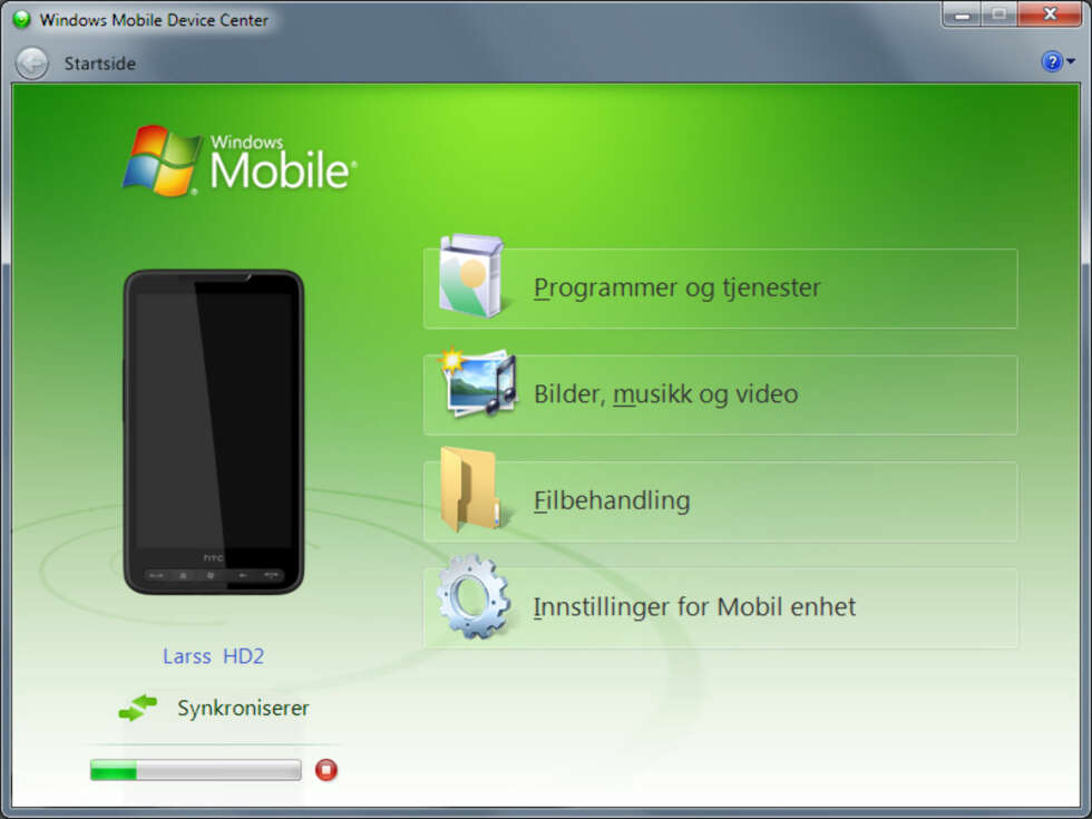 Som en ekte Windows-mobil kobler HTC Touch HD2 seg opp mot Windows Mobile Device Center. Som en ekte Windows-mobil kobler HTC Touch HD2 seg opp mot Windows Mobile Device Center.