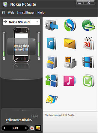 Velkjente Nokia PC Suite er det som følger med Nokia N97 Mini. Velkjente Nokia PC Suite er det som følger med Nokia N97 Mini.