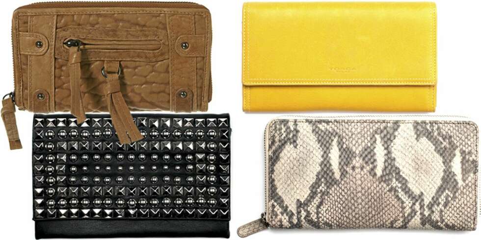 FRA VENSTRE: Brun fra Topshop (kr 275), svart med nagler fra Lindex (kr 179), gul fra Tosca Blu (kr 699), slangeskinnsmønster fra Tosca Blu (kr 950). FRA VENSTRE: Brun fra Topshop (kr 275), svart med nagler fra Lindex (kr 179), gul fra Tosca Blu (kr 699), slangeskinnsmønster fra Tosca Blu (kr 950).