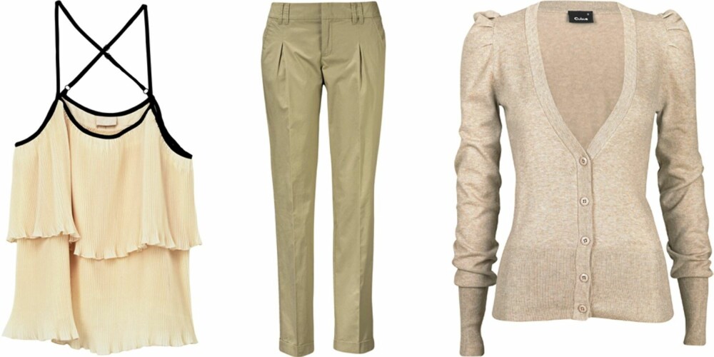 FRA VENSTRE: topp fra H&M (kr 299), chinos fra Esprit Casual (kr 599), kardigan fra Cubus (kr 249). FRA VENSTRE: topp fra H&M (kr 299), chinos fra Esprit Casual (kr 599), kardigan fra Cubus (kr 249).