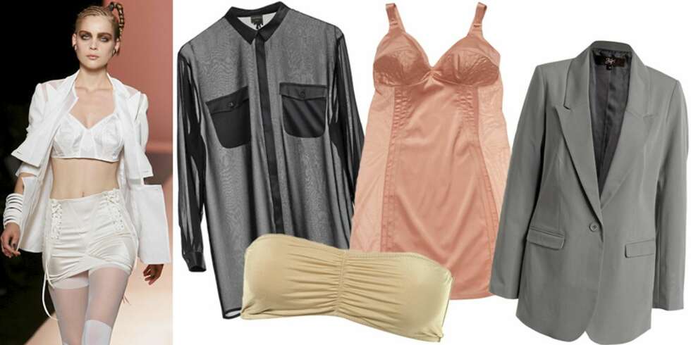 FRA VENSTRE: På catwalken til Jean Paul Gaultier, transparent skjorte fra Monki (kr 350), topp fra Topshop (kr 89), underkjole fra Lindex (kr 249), blazer fra Ellos (kr 399). FRA VENSTRE: På catwalken til Jean Paul Gaultier, transparent skjorte fra Monki (kr 350), topp fra Topshop (kr 89), underkjole fra Lindex (kr 249), blazer fra Ellos (kr 399).