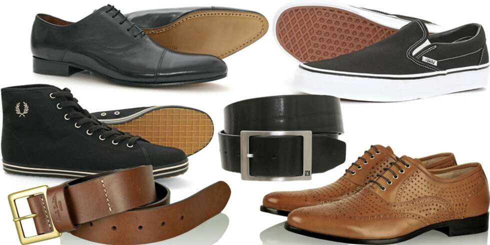 FRA VENSTRE: Sko fra Fred Perry (kr 799), belte fra Paul Smith (kr 500), pensko fra Mentor (kr 1999), belte fra Tiger of Sweden (kr 549), sko fra Vans (kr 649), pensko fra DogG Dolce og Gabbana (kr 3552). FRA VENSTRE: Sko fra Fred Perry (kr 799), belte fra Paul Smith (kr 500), pensko fra Mentor (kr 1999), belte fra Tiger of Sweden (kr 549), sko fra Vans (kr 649), pensko fra DogG Dolce og Gabbana (kr 3552).