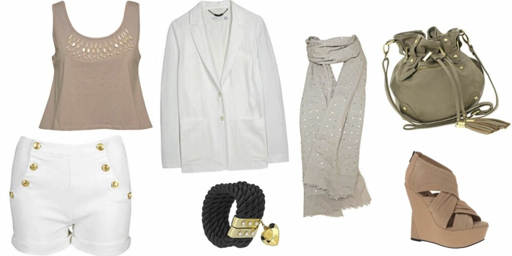 FRA VENSTRE: Topp fra Rare Fashion (kr 289), shorts fra Bik Bok (kr 299), blazer fra See By Chloé (kr 2740), armbånd fra Topshop (kr 132), skjerf fra Pieces (kr 199), veske fra Asos (kr 235) og sko fra Asos (kr 1130). FRA VENSTRE: Topp fra Rare Fashion (kr 289), shorts fra Bik Bok (kr 299), blazer fra See By Chloé (kr 2740), armbånd fra Topshop (kr 132), skjerf fra Pieces (kr 199), veske fra Asos (kr 235) og sko fra Asos (kr 1130).