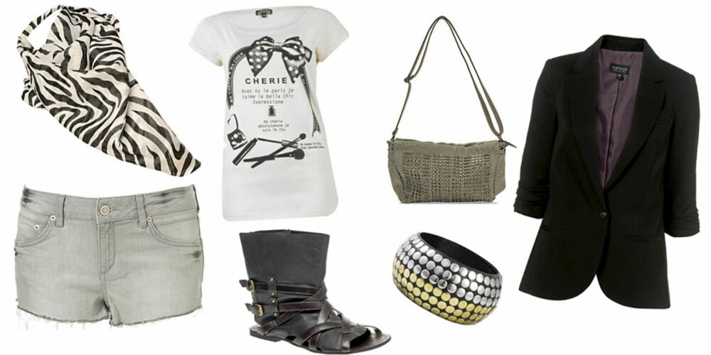 FRA VENSTRE: Skjerf fra Friis & Co (kr 249), denimshorts fra Topshop (kr 264), T-skjorte fra Bik Bok (kr 99), sko fra Bertie (kr 612), veske fra Only (kr 279), armbånd fra Bik Bok (kr 79) og blazer fra Topshop (kr 565). FRA VENSTRE: Skjerf fra Friis & Co (kr 249), denimshorts fra Topshop (kr 264), T-skjorte fra Bik Bok (kr 99), sko fra Bertie (kr 612), veske fra Only (kr 279), armbånd fra Bik Bok (kr 79) og blazer fra Topshop (kr 565).