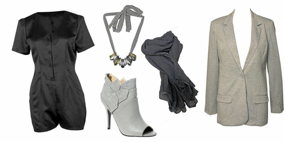 FRA VENSTRE: Playsuit fra Bik Bok (kr 399), kjede fra Topshop (kr 170), sko fra Oasis (kr 579), skjerf fra Stylein (kr 649) og blazer fra Only (kr 359). FRA VENSTRE: Playsuit fra Bik Bok (kr 399), kjede fra Topshop (kr 170), sko fra Oasis (kr 579), skjerf fra Stylein (kr 649) og blazer fra Only (kr 359).