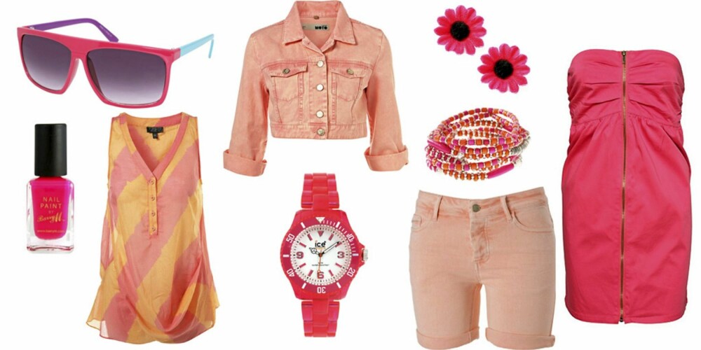 FRA VENSTRE: Solbrille fra Asos (kr94), neglelakk fra Barry M (kr 95), tunika fra Topshop (kr 263), jakke fra Topshop (kr 376), klokke fra Watch (kr 659), øreobber fra Asos (kr 47), armbånd fra Asos (kr 94), shorts fra Gina Tricot (kr 199) og kjole fra Ichi (kr 249). FRA VENSTRE: Solbrille fra Asos (kr94), neglelakk fra Barry M (kr 95), tunika fra Topshop (kr 263), jakke fra Topshop (kr 376), klokke fra Watch (kr 659), øreobber fra Asos (kr 47), armbånd fra Asos (kr 94), shorts fra Gina Tricot (kr 199) og kjole fra Ichi (kr 249).