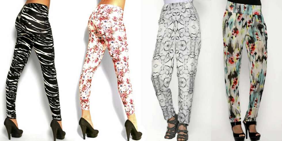 FRA VENSTRE: Stripete tights fra Modström (kr 349), blomstrete tights fra Nelly (kr 99), hvit haremsbukse fra Gestuz (kr 730), bukse med abstrakt mønster fra Asos (kr 292). FRA VENSTRE: Stripete tights fra Modström (kr 349), blomstrete tights fra Nelly (kr 99), hvit haremsbukse fra Gestuz (kr 730), bukse med abstrakt mønster fra Asos (kr 292).