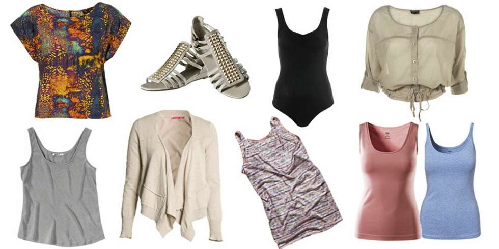 FRA VENSTRE: Mønstrete topp fra Topshop (kr 311), grå singlet fra Gina Tricot (kr 199), sandaler fra H&M (kr 199), offwhite cardigan fra Indiska (kr 299), svart body fra Topshop (kr 116), stripetet topp fra H&M (kr 99), beige bluse fra Topshop (kr 272), singleter i blåmelert og lys rosa (kr 49,50) begge fra H&M. FRA VENSTRE: Mønstrete topp fra Topshop (kr 311), grå singlet fra Gina Tricot (kr 199), sandaler fra H&M (kr 199), offwhite cardigan fra Indiska (kr 299), svart body fra Topshop (kr 116), stripetet topp fra H&M (kr 99), beige bluse fra Topshop (kr 272), singleter i blåmelert og lys rosa (kr 49,50) begge fra H&M.