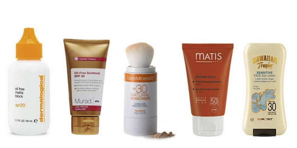 FRA VENSTRE: Dermalogica Oil Free Matte Block (kr 329), Murad Oil Free Sunblock (kr 387), bareMinerals Natural Sunscreen (kr 339), Matis Protection Cream (kr 439), Hawaiian Tropic Sensitive Face Sun Lotion (kr 115). FRA VENSTRE: Dermalogica Oil Free Matte Block (kr 329), Murad Oil Free Sunblock (kr 387), bareMinerals Natural Sunscreen (kr 339), Matis Protection Cream (kr 439), Hawaiian Tropic Sensitive Face Sun Lotion (kr 115).