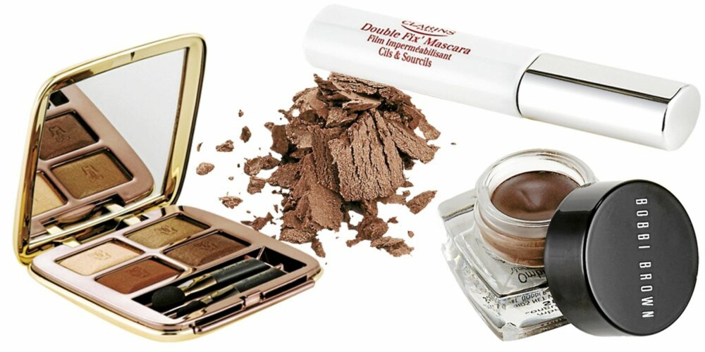 FRA VENSTRE: Guerlain OMbre Éclat 4 Couleurs i fargen Brun Mordoré (kr 460), Shiseido Luminizing Satin Color i farge nr. PD 709 (kr 240), Clarins Double Fix Mascara (kr 190), Bobbi Brown Long Wear Cream Shadow i fargen Steel (kr 205). FRA VENSTRE: Guerlain OMbre Éclat 4 Couleurs i fargen Brun Mordoré (kr 460), Shiseido Luminizing Satin Color i farge nr. PD 709 (kr 240), Clarins Double Fix Mascara (kr 190), Bobbi Brown Long Wear Cream Shadow i fargen Steel (kr 205).