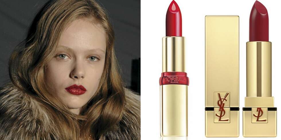 RØDE LEPPER: På catwalken til Just Cavalli, L'Oréal Color Riche Serum Bright Burgundy (kr 139), YSL Rouge Pur Couture No. 3 Rouge Saadi (kr 265). RØDE LEPPER: På catwalken til Just Cavalli, L'Oréal Color Riche Serum Bright Burgundy (kr 139), YSL Rouge Pur Couture No. 3 Rouge Saadi (kr 265).
