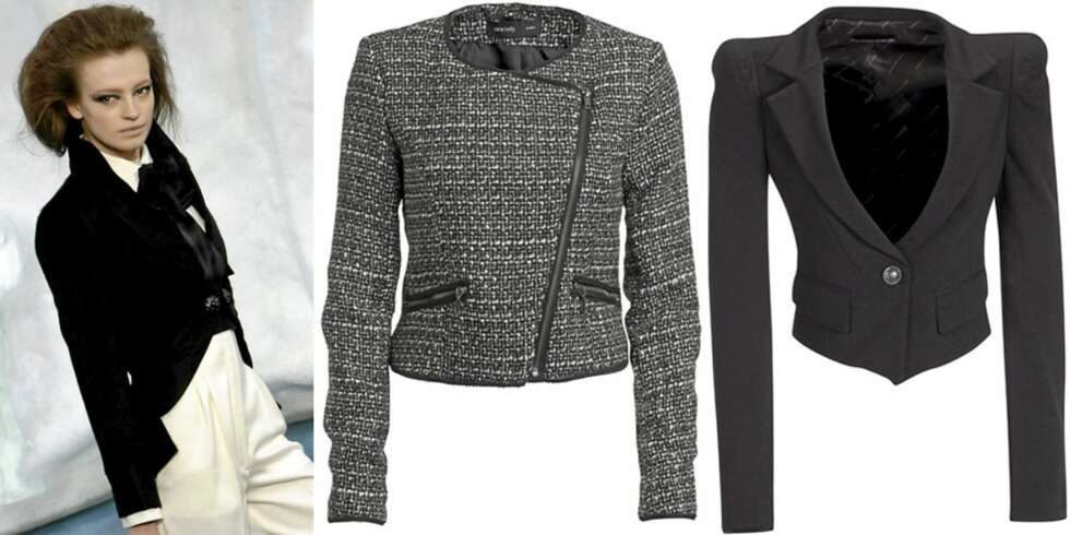 KORT PYNTEJAKKE: På catwalken til Chanel, jakke fra Ellos (kr 499) og Fornarina (kr 1799). KORT PYNTEJAKKE: På catwalken til Chanel, jakke fra Ellos (kr 499) og Fornarina (kr 1799).