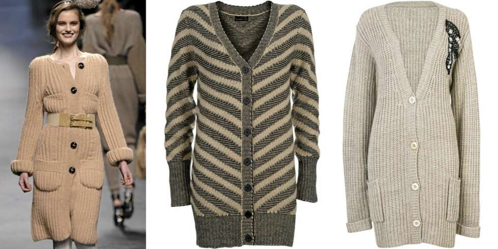 LANG STRIKKEJAKKE: På catwalken til Sonia Rykiel, lang strikkejakke fra Vero Moda (kr 400) og Cubus (kr 499). LANG STRIKKEJAKKE: På catwalken til Sonia Rykiel, lang strikkejakke fra Vero Moda (kr 400) og Cubus (kr 499).