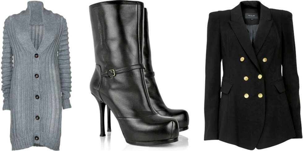 FRA VENSTRE: Lang strikkejakke fra Vila (kr 400), høye ankelboots fra YSL (kr 7760), jakke fra Vila (kr 500). FRA VENSTRE: Lang strikkejakke fra Vila (kr 400), høye ankelboots fra YSL (kr 7760), jakke fra Vila (kr 500).