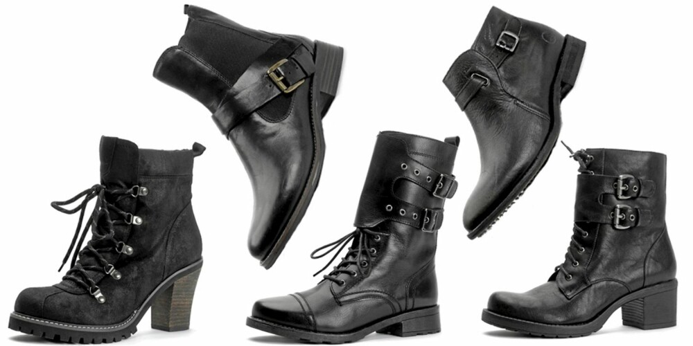 FRA VENSTRE: Bianco (kr 600), Clarks (kr 1349), DNA (kr 995), Bronx (kr 870), Din Sko (kr 349). FRA VENSTRE: Bianco (kr 600), Clarks (kr 1349), DNA (kr 995), Bronx (kr 870), Din Sko (kr 349).