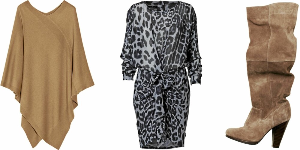 FRA VENSTRE: Poncho fra Thomas Mayer (kr 6970), leopardkjole fra By Malene Birger (kr 2999), boots fra HM (kr 999). FRA VENSTRE: Poncho fra Thomas Mayer (kr 6970), leopardkjole fra By Malene Birger (kr 2999), boots fra HM (kr 999).