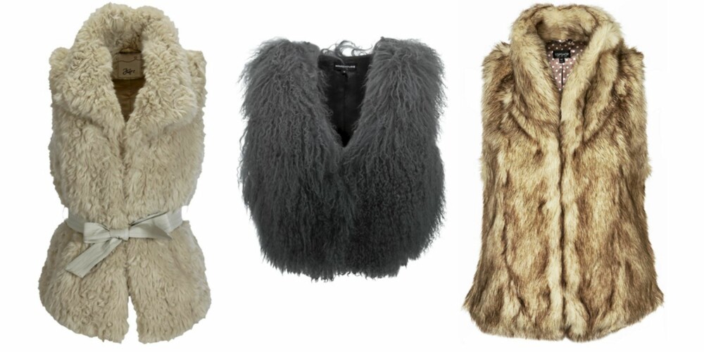 FRA VENSTRE: Hvit vest fra Ellos (kr 399), grå kort vest fra Warehouse (kr 758), brun vest fra Topshop (kr 521). FRA VENSTRE: Hvit vest fra Ellos (kr 399), grå kort vest fra Warehouse (kr 758), brun vest fra Topshop (kr 521).