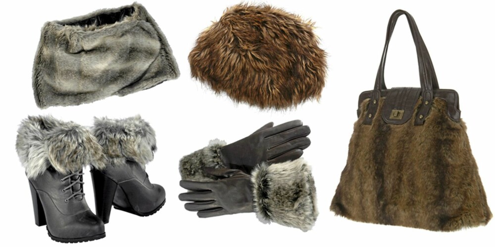 FRA VENSTRE: Sko med pels (kr 449), pelskrage fra Ellos (kr 199), skinnhansker fra Ellos (kr 299), hatt fra Nelly (kr 189), veske med pels fra Warehouse (kr 473). FRA VENSTRE: Sko med pels (kr 449), pelskrage fra Ellos (kr 199), skinnhansker fra Ellos (kr 299), hatt fra Nelly (kr 189), veske med pels fra Warehouse (kr 473).