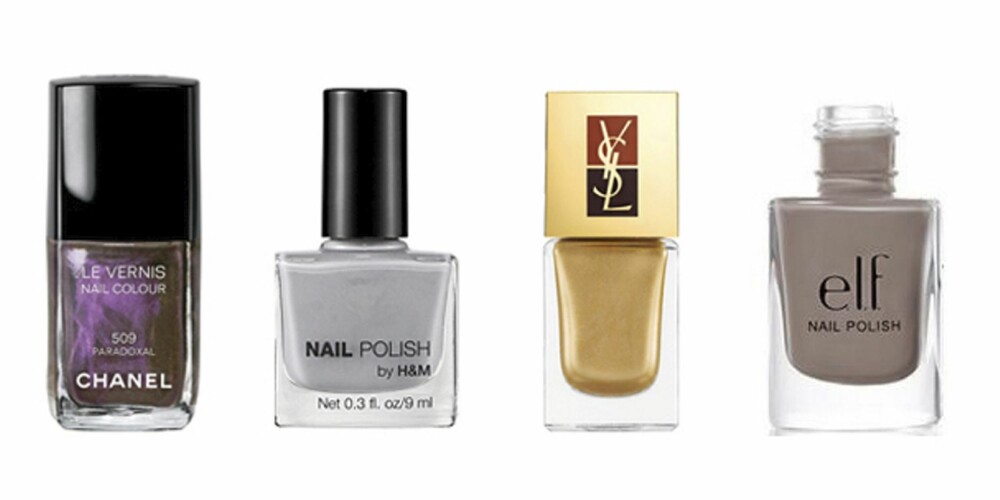 FRA VENSTRE: Chanel 509 Paradoxal (kr 210), HogM Miss Stoneheart (kr 39) YSL Belle De Nuit (kr 255 for to stk) og E.L.F Smoky Brown (kr 17). FRA VENSTRE: Chanel 509 Paradoxal (kr 210), HogM Miss Stoneheart (kr 39) YSL Belle De Nuit (kr 255 for to stk) og E.L.F Smoky Brown (kr 17).
