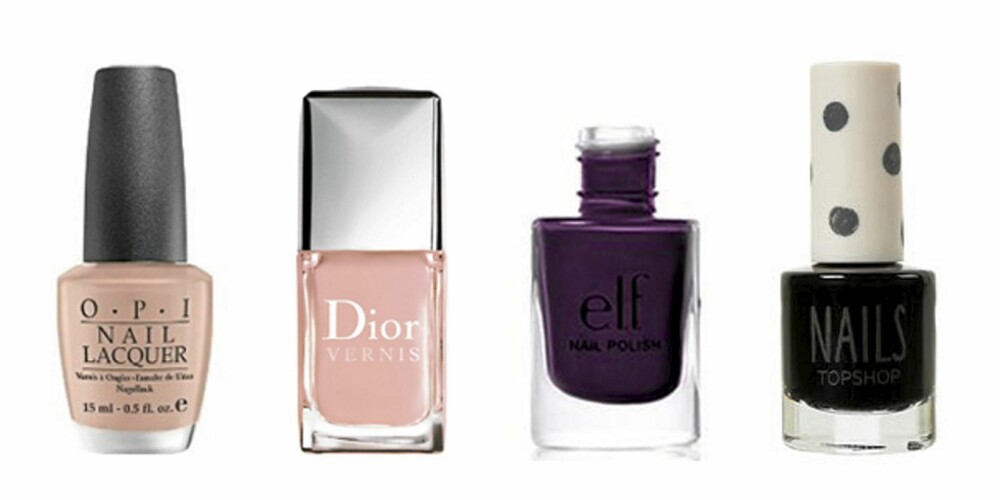 FRA VENSTRE: O.P.I. At First Sight (kr 160), Dior Pink Ballet (kr 210), E.L.F. Plum (kr 17) og Topshop Cloak og Dagger (kr 50) FRA VENSTRE: O.P.I. At First Sight (kr 160), Dior Pink Ballet (kr 210), E.L.F. Plum (kr 17) og Topshop Cloak og Dagger (kr 50)