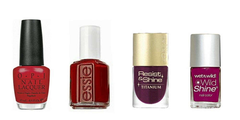 FRA VENSTRE: O.P.I. Color So Hot It Berns (kr 160) Essie Red Noveau (kr 149), L'Oréal Royal Plum (kr115 ) og Wet'N Wild Plomme (kr 39). FRA VENSTRE: O.P.I. Color So Hot It Berns (kr 160) Essie Red Noveau (kr 149), L'Oréal Royal Plum (kr115 ) og Wet'N Wild Plomme (kr 39).