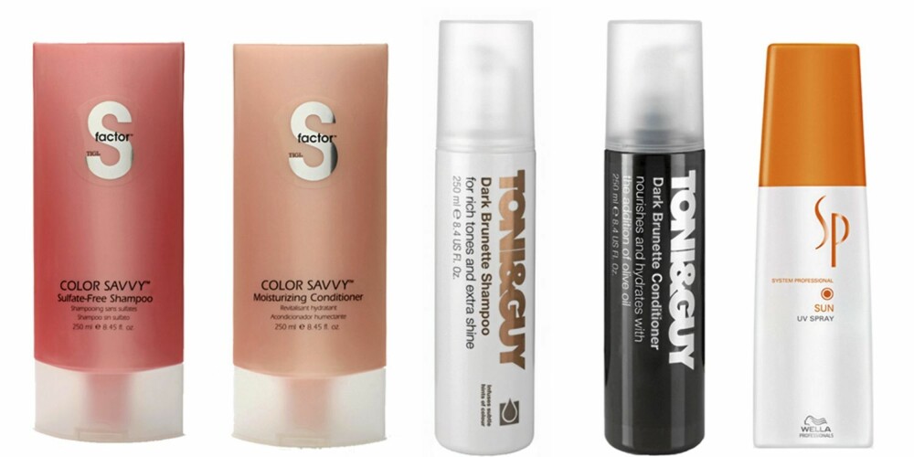 FRA VENSTRE: Tigi S Factor Color Savvy Shampoo (kr 130), Tigi S Factor Color Savvy Conditioner (kr 140), Toni og Guy Bruette Shampoo (kr 127), Toni og Guy Brunette Conditioner (kr 127), SP Sun UV Spray (kr 249). FRA VENSTRE: Tigi S Factor Color Savvy Shampoo (kr 130), Tigi S Factor Color Savvy Conditioner (kr 140), Toni og Guy Bruette Shampoo (kr 127), Toni og Guy Brunette Conditioner (kr 127), SP Sun UV Spray (kr 249).