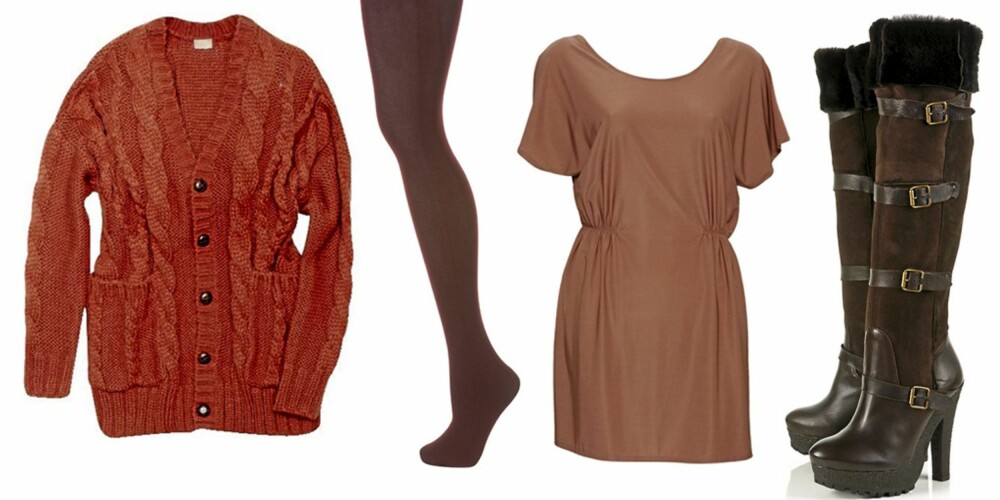 FRA VENSTRE: Cardigan i cayennepepperfarge fra H&M (sek 499), strømpebukse fra Topshop (kr 75), tunika fra Jane Blush (kr 249) og støvletter fra Topshop (kr 1279). FRA VENSTRE: Cardigan i cayennepepperfarge fra H&M (sek 499), strømpebukse fra Topshop (kr 75), tunika fra Jane Blush (kr 249) og støvletter fra Topshop (kr 1279).