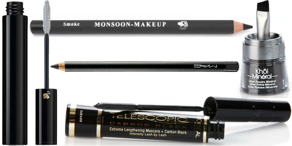 FRA VENSTRE: Lancôme Oscillation (kr 310), Smoke kajal fra Monsoon (kr 165), svart kajal fra MAC Cosmetics (kr 109), Telescopic Carbon Black maskara fra L'Oréal (kr 159), Kohl Minerals pudder eyeliner fra L'Oréal (kr 129) FRA VENSTRE: Lancôme Oscillation (kr 310), Smoke kajal fra Monsoon (kr 165), svart kajal fra MAC Cosmetics (kr 109), Telescopic Carbon Black maskara fra L'Oréal (kr 159), Kohl Minerals pudder eyeliner fra L'Oréal (kr 129)