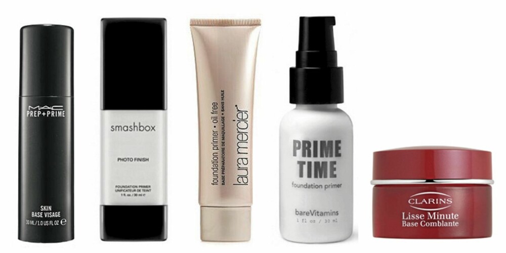 FOUNDATIONBASE: MAC Prep + Prime Skin Base Visage (kr 210) Smashbox Photofinish Foundation Primer (kr 379), Laura Mercier Foundation Primer Oil-Free (kr 320) BareMinerals Prime Time Foundation Primer (kr 425) og Clarins Instant Smooth Perfecting Touch (kr 210). Foto: produsenten FOUNDATIONBASE: MAC Prep + Prime Skin Base Visage (kr 210) Smashbox Photofinish Foundation Primer (kr 379), Laura Mercier Foundation Primer Oil-Free (kr 320) BareMinerals Prime Time Foundation Primer (kr 425) og Clarins Instant Smooth Perfecting Touch (kr 210). Foto: produsenten