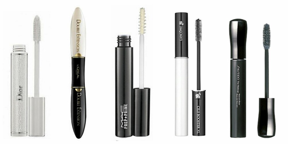 MASCARABSER: Dior Diorshow Maximizer Lash Plumping Serum (kr 270), L'Oréal Double Extension mascara og base (kr 175) MAC Prep+ Prime mascara base (kr 145), Lancôme Cils Booster XL (kr 275) og Shiseido The Makeup Mascara Base (ca kr 240). MASCARABSER: Dior Diorshow Maximizer Lash Plumping Serum (kr 270), L'Oréal Double Extension mascara og base (kr 175) MAC Prep+ Prime mascara base (kr 145), Lancôme Cils Booster XL (kr 275) og Shiseido The Makeup Mascara Base (ca kr 240).