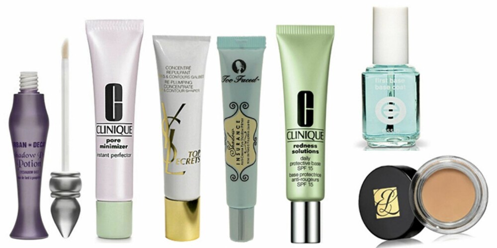 BASEPRODUKTER: Urban Decay Eye Shadow Primer (kr 195), Clinique Pore Minimizer (kr 180), YSL Top Secrets Lip Re-Plumping Concentrate (kr 290), Too Faced Eye Shadow Primer (kr 249/Nelly.com) Clinique Redness Solution Primer (kr 195), Essie Base Coat (kr 149) og Estée Lauder Eye Shadow Base (kr 150) BASEPRODUKTER: Urban Decay Eye Shadow Primer (kr 195), Clinique Pore Minimizer (kr 180), YSL Top Secrets Lip Re-Plumping Concentrate (kr 290), Too Faced Eye Shadow Primer (kr 249/Nelly.com) Clinique Redness Solution Primer (kr 195), Essie Base Coat (kr 149) og Estée Lauder Eye Shadow Base (kr 150)