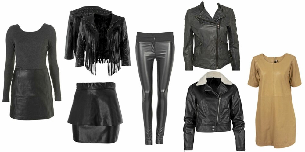 FRA VENSTRE: Kjole fra Topshop (kr 650), frynsejakke fra HM (kr 499), skjørt fra Gina Tricot (kr 249), bukse fra Bik Bok (kr 299), skinnjakke fra Muubaa (kr 3499), jakke med ullkrage fra Bik Bok (kr 499) og skinnkjole fra Topshop (kr 1390). FRA VENSTRE: Kjole fra Topshop (kr 650), frynsejakke fra HM (kr 499), skjørt fra Gina Tricot (kr 249), bukse fra Bik Bok (kr 299), skinnjakke fra Muubaa (kr 3499), jakke med ullkrage fra Bik Bok (kr 499) og skinnkjole fra Topshop (kr 1390).