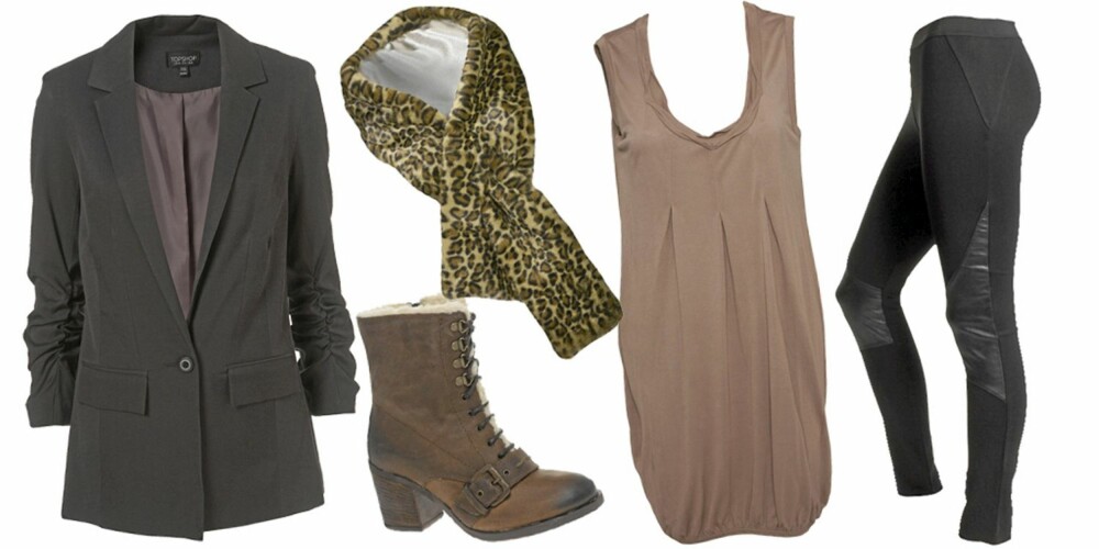 FRA VENSTRE: Blazer fra Topshop (kr 552), skjerf fra Gina Tricot (kr 179), sko fra Dune (kr 911), tunika fra Rut M.Fl (kr 159), tights fra Lindex (kr 299). FRA VENSTRE: Blazer fra Topshop (kr 552), skjerf fra Gina Tricot (kr 179), sko fra Dune (kr 911), tunika fra Rut M.Fl (kr 159), tights fra Lindex (kr 299).